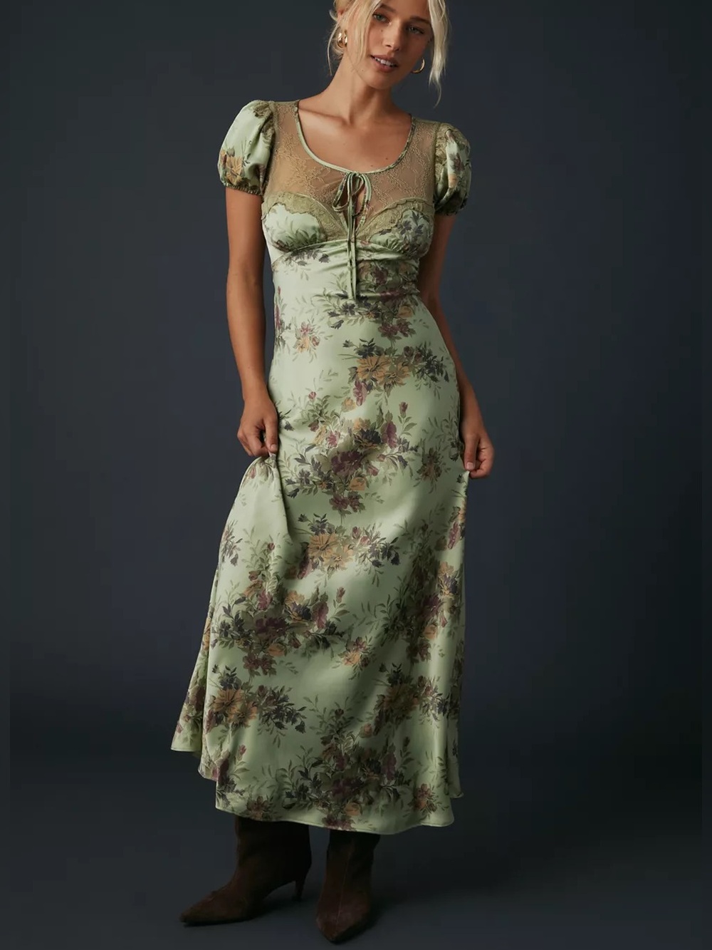 Kimchi Blue Romantic Sheer Lace Trim Satin Slip Maxi Dress